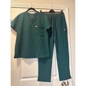 FIGS Catarina Scrub Set Womens Medium Teal Green V-Neck Top & Cargo Pants Set